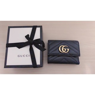 Gucci GG Marmont Wallet 474802 黑色斜紋縫線 真皮三折式短夾 卡夾