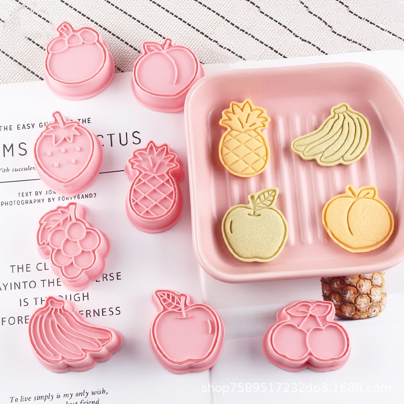 8 件套水果造型餅乾模具 鳳梨蘋果香蕉櫻桃葡萄草莓曲奇切模 3D立體按壓式水果輔食烘焙麵包蛋糕裝飾模具