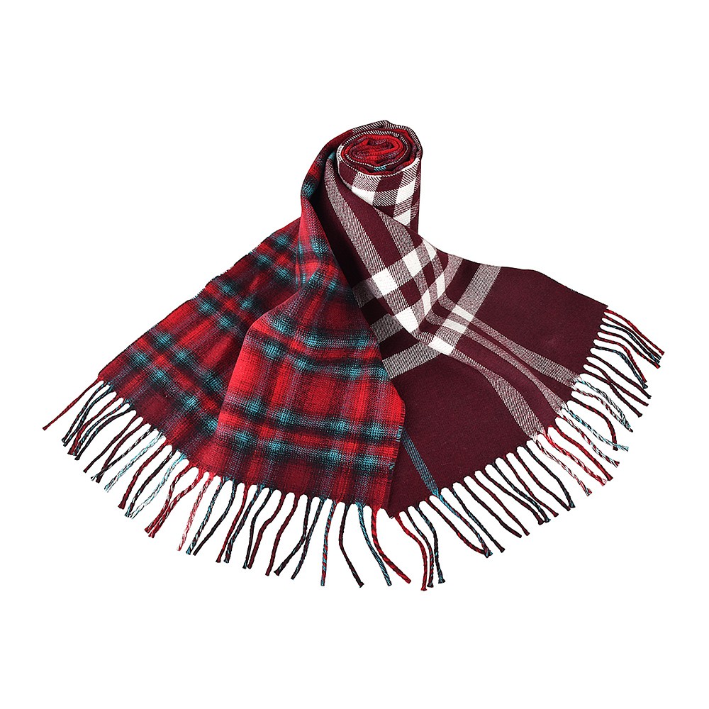 BURBERRY英倫風拼接格紋設計羊毛圍巾(深紅x紅白格紋)