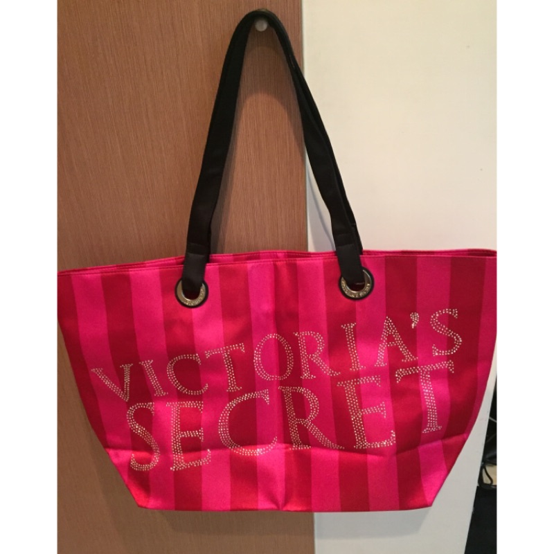 victoria's secret 桃紅條紋旅行肩背大包