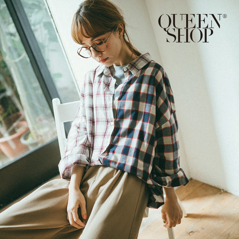 QUEENSHOP【01023009】 配色拼接格紋長袖襯衫＊預購＊