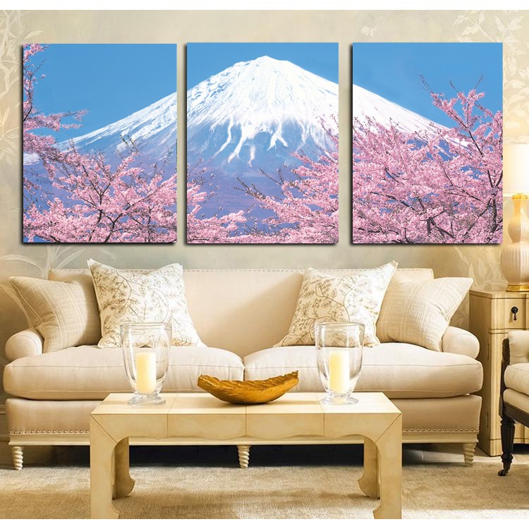 爆款居家裝飾 日式裝飾畫掛畫三聯櫻花富士山掛畫日本榻榻米裝飾畫壽司料理店掛畫臥室客廳餐廳壁畫無框畫實木框畫
