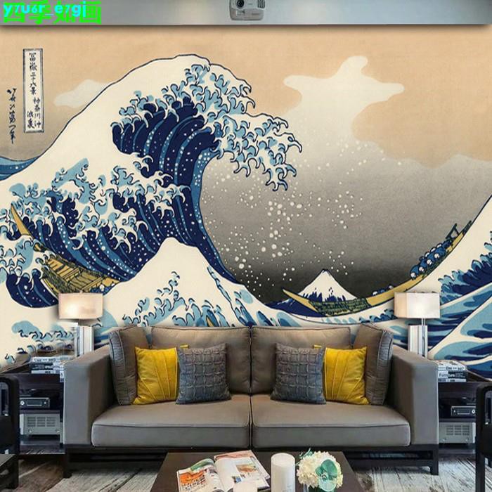 日式浮世繪壁畫富岳三十六景海浪墻紙日本壽司料理店餐廳背景墻布 蝦皮購物