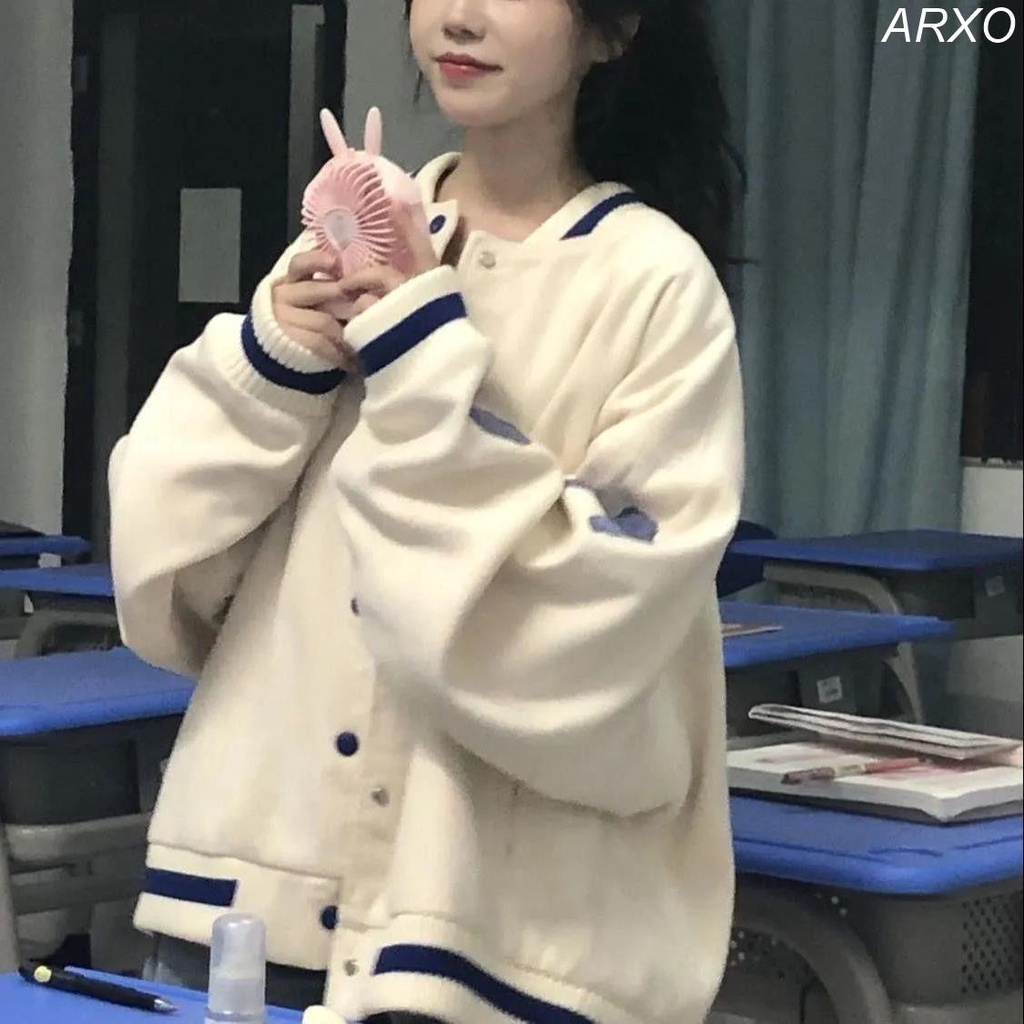 ARXO 女生外套 棒球服外套女學生2022春秋韓版寬松日系甜酷拼接袖百搭夾克外套潮