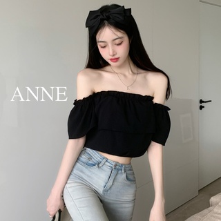 ANNE｜荷葉邊 一字領 雪紡上衣【AT61001】 露肩性感 辣妹款 荷葉邊一字肩上衣 短版露肚 短款 減齡襯衫