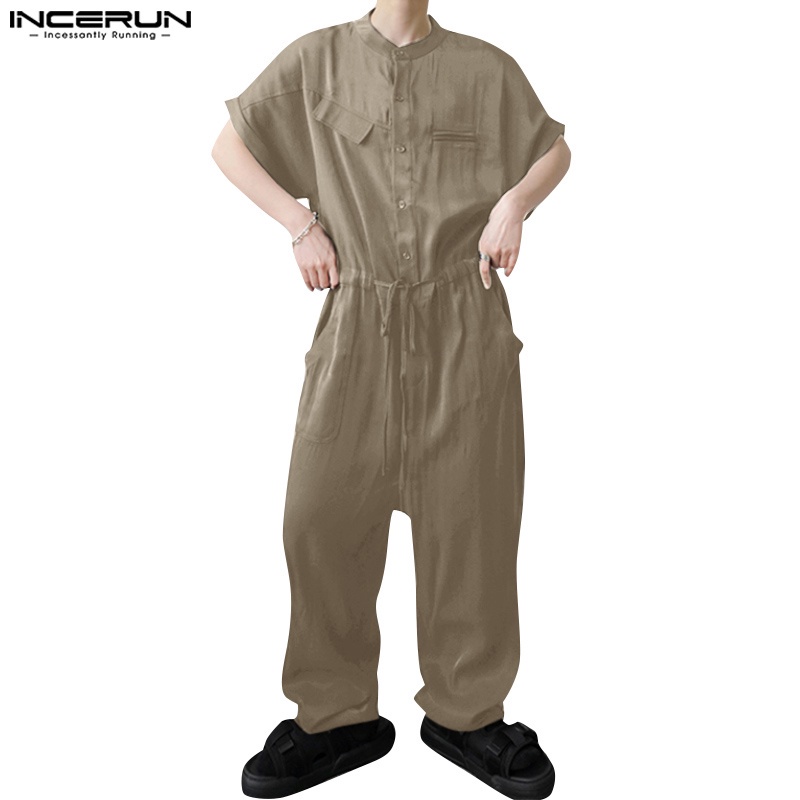 Incerun 男士夏季短袖整體純色工作服連身褲
