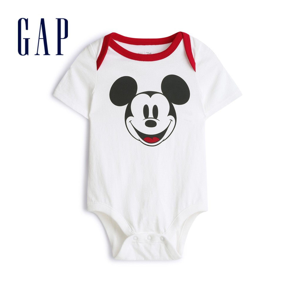 Gap 嬰兒裝 Gap x Disney迪士尼聯名 米奇棉質舒適印花短袖包屁衣-光感亮白(551363)