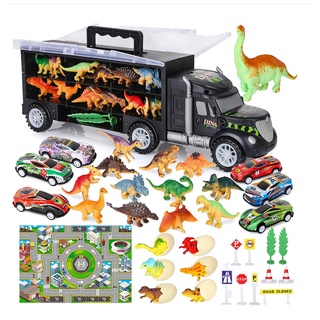 現貨 兒童大型貨櫃車玩具 恐龍運輸卡車 恐龍蛋飛行旗桌遊 恐龙39入組合拖头车套裝 仿真大货车收纳盒玩具 男孩玩具
