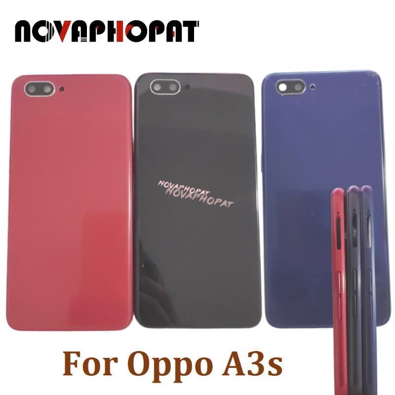 Novaphopat 適用於 Oppo A3s 32GB 後蓋電池蓋後殼面板後殼帶相機玻璃鏡頭和框架側鍵按鈕