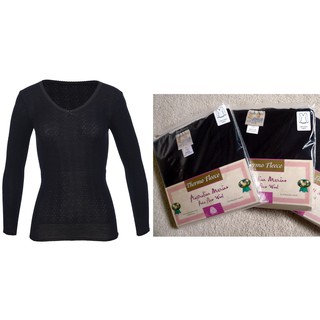 【正澳洲 Thermo Fleece】100%美麗諾純羊毛女生黑色緹花長袖衛生衣/衛生褲可機洗 現貨在臺不必等