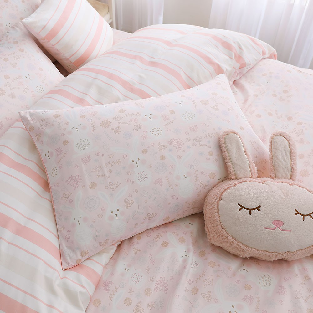 鴻宇 美國棉300織 床包枕套組 床包被套四件組 眠眠兔粉 台灣製2225