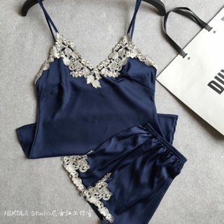 臺灣公司❤️開發票 涼感冰絲 高階絲質 女生睡衣 刺繡花邊 奢華浪漫女睡衣 緞面吊帶 短褲睡衣套裝 性感睡衣 居家服
