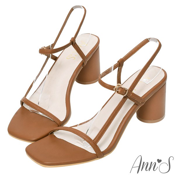 Ann’S氣質品味-側面細帶方頭圓柱粗跟涼鞋6cm-棕