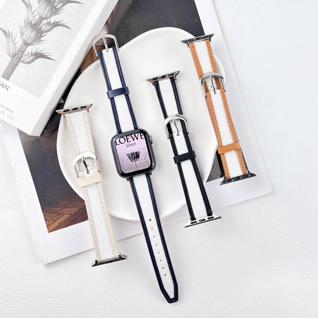 馬蹄扣帆布拼皮革錶帶 適用Apple Watch 蘋果手錶錶帶 iwatch S8/S7/SE/6/5/4/3/2/1