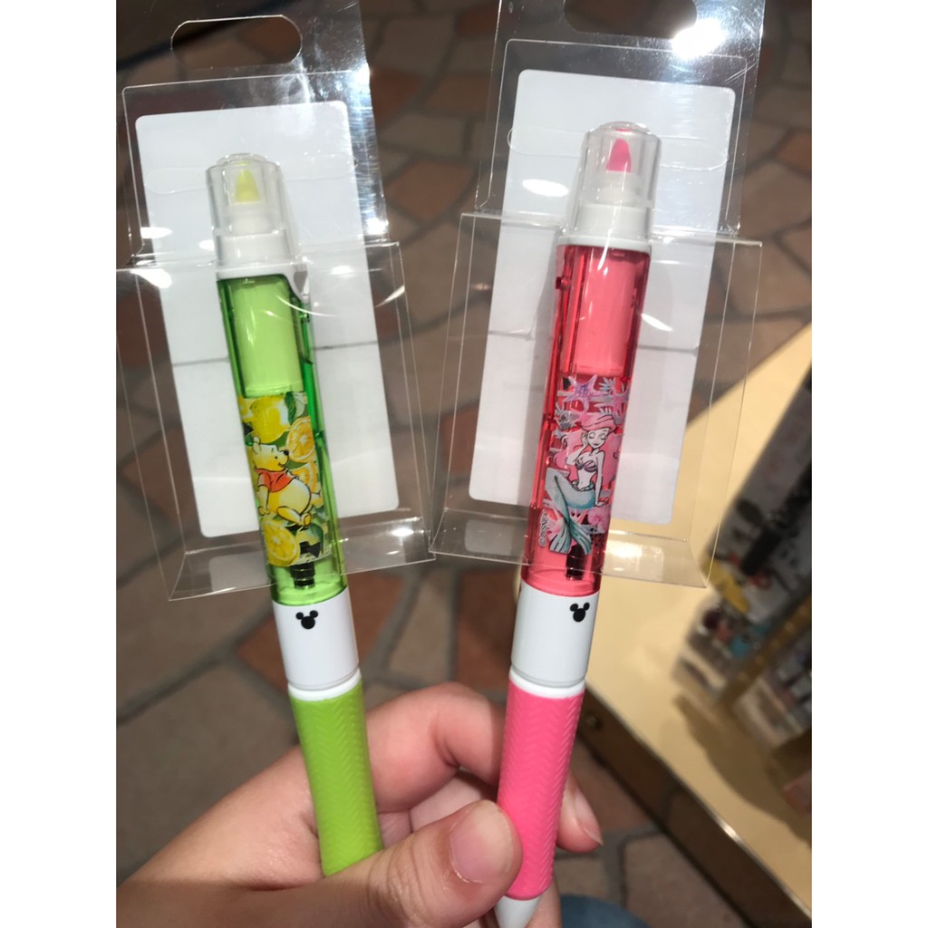 原子筆+螢光筆《現貨》日本迪士尼商店 正版 小美人魚 小熊維尼 日本製 三色筆 紅藍黑 0.7mm 螢光筆