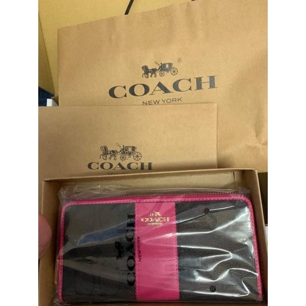 全新coach長夾老花桃紅