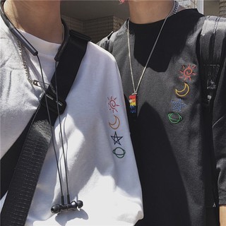 韓國ins原宿風街頭復古簡約刺繡寬松圓領短袖T恤潮學生上衣廣場舞
