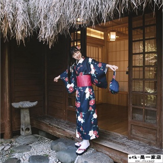 【Ｃ】深藍山茶花日本和服女復古和風 改良浴衣連衣裙