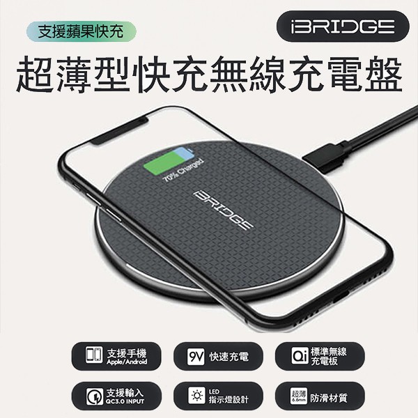 iBRIDGE 10w/7.5w 超薄型快充無線充電盤(支援蘋果快充) 無線充電 充電板 充電盤 快充