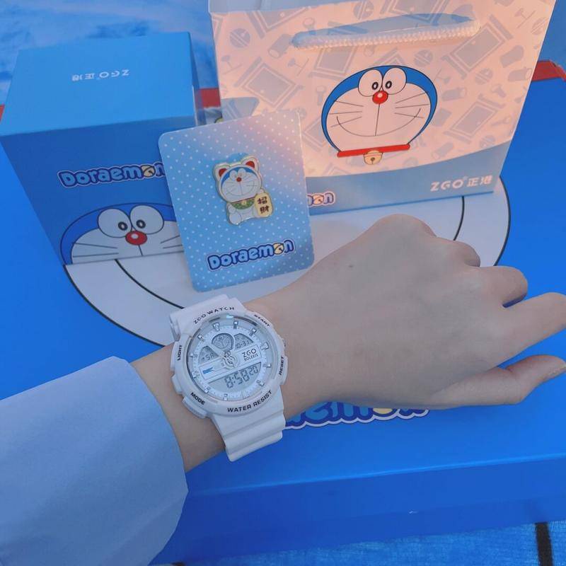 哆啦A夢兒童手錶女防水多功能女士中學生硅膠雙顯鬧鐘運動電子錶