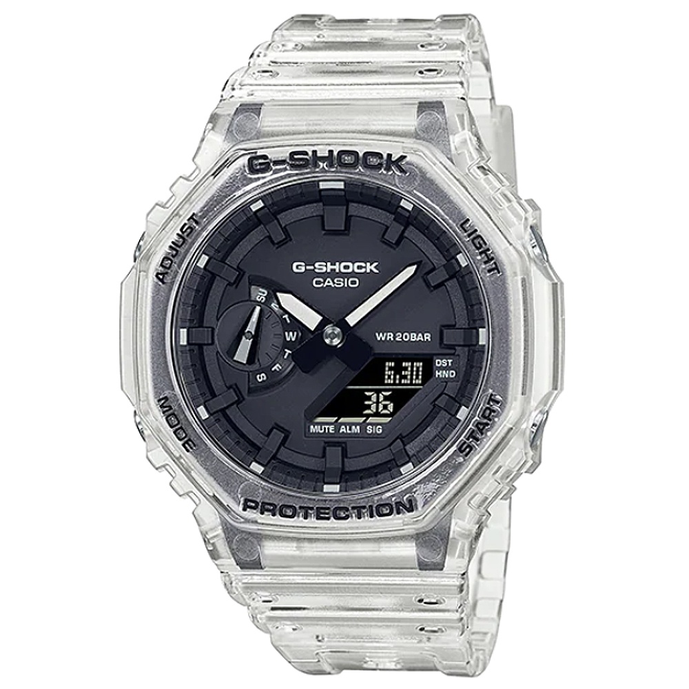 【柒號本舖】CASIO 卡西歐G-SHOCK 農家橡樹電子錶-透明黑 / GA-2100SKE-7A (台灣公司貨)