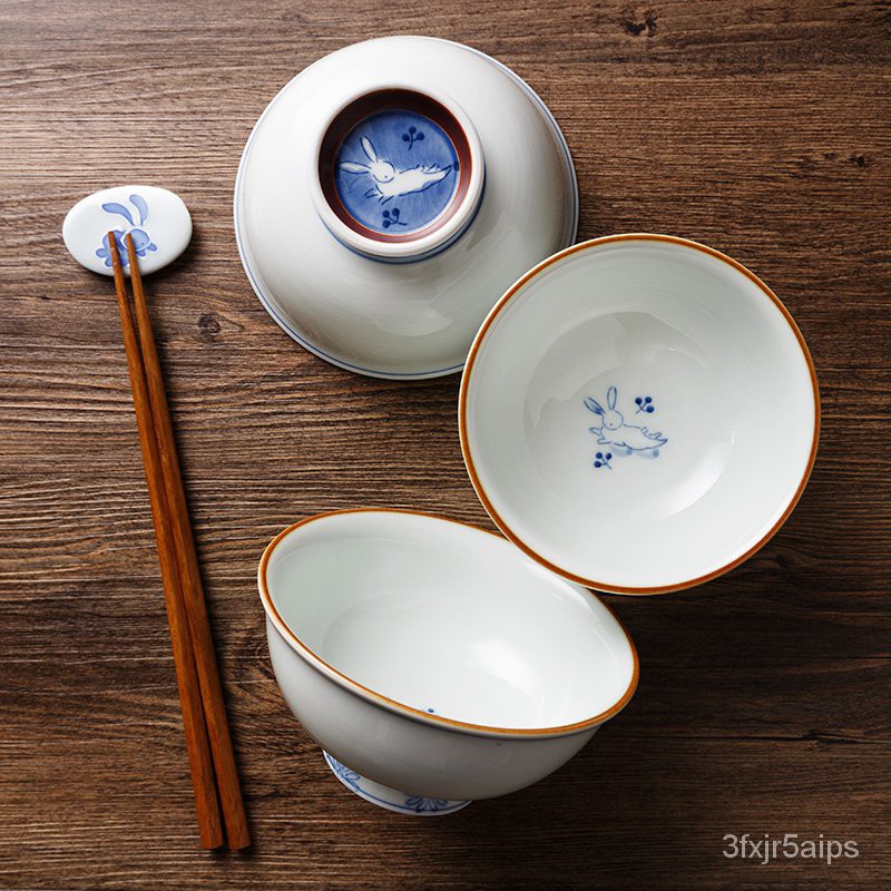 【日本進口陶瓷餐具】有田燒碗日本進口碗釉下彩手繪兔子家用陶瓷碗日式高腳米飯碗小碗