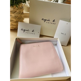 （二手）agnes b. 粉紅色 燙金logo 牛皮 零錢包 L型 拉鏈款 日本專櫃購入 正品 皮夾