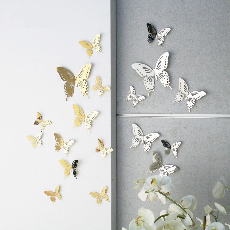 竹內優選 3D蝴蝶立體牆面裝飾冰箱貼 仿真蝴蝶 12只/套 3D鏤空仿金屬蝴蝶牆壁裝飾家居客廳立體蝴蝶裝飾貼紙