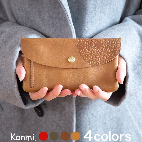 ✈️日本代購✈️預購 日本製 Kanmi 蕾絲刻花真皮口袋錢包 薄型長夾 4色