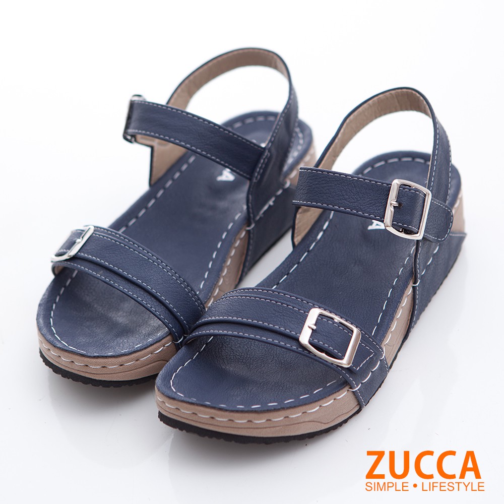 【ZUCCA】車縫皮革扣環厚底涼鞋-z6815be-藍