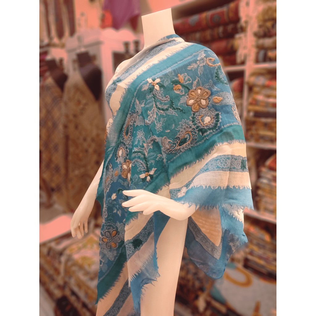 印度喀什米爾 100%三層厚織水煮羊毛 百搭大地湛藍粉嫩色系 純手工刺繡圍巾披肩 Cashmere Pashmina