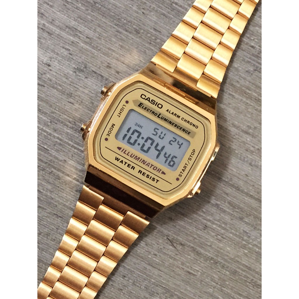 CASIO卡西歐金色復刻版復古潮流金錶方型數位電子錶中性男女可戴(A-168WG - 9 W)000