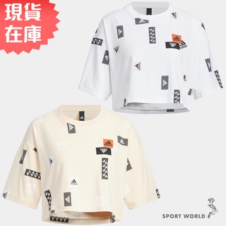 Adidas 短袖上衣 女裝 短版 滿版 LOGO 棉 白/橘【運動世界】HM5284/HM5295