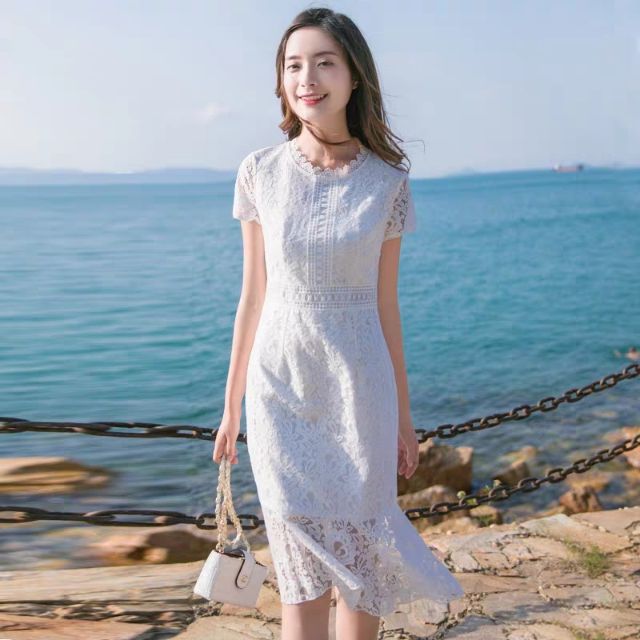 全新附吊牌 類婚紗輕婚紗 鏤空蕾絲洞洞 魚尾裙白色洋裝 喜宴 蝦皮購物