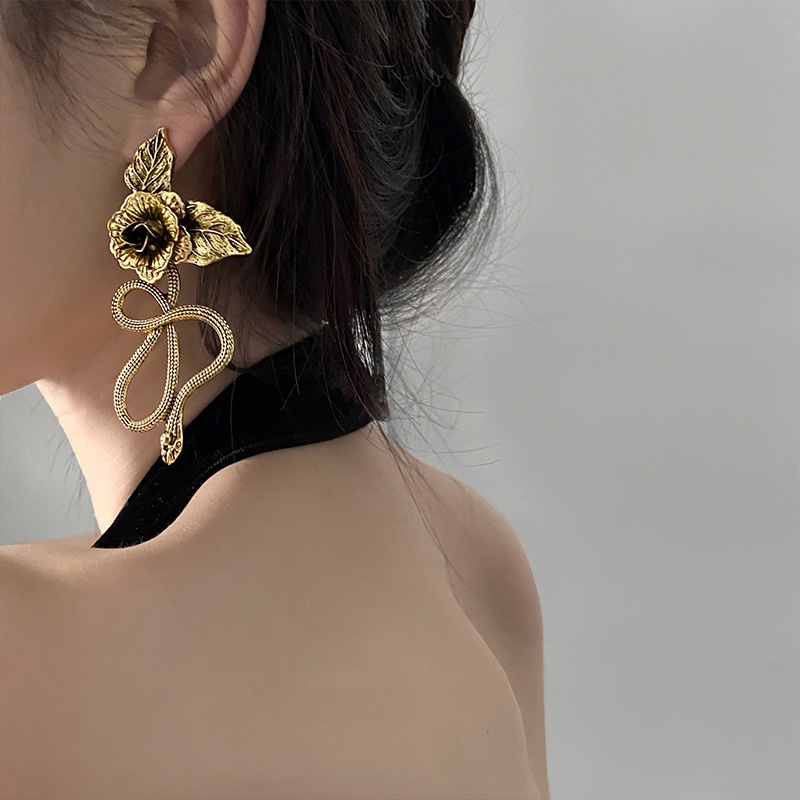 ☆Z☆個性浮誇花朵蛇形垂墜耳環 復古 個性 誇張 古銅色 超酷 美杜莎造型時尚耳環