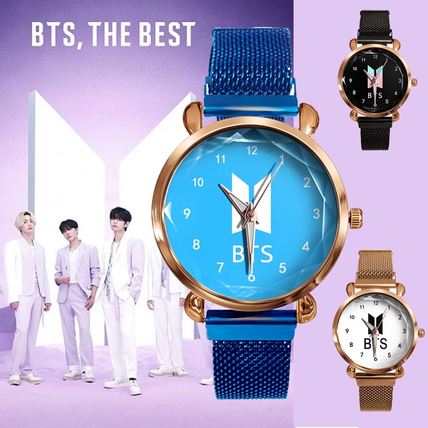 時尚手錶 BTS 時尚女孩石英手錶,編織網帶
