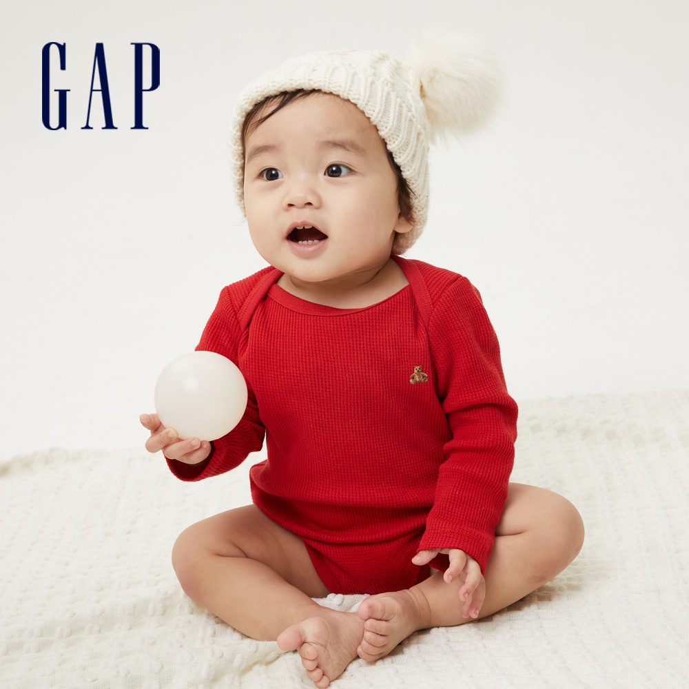 Gap 嬰兒裝 華夫格長袖包屁衣 布萊納系列-紅色(729863)