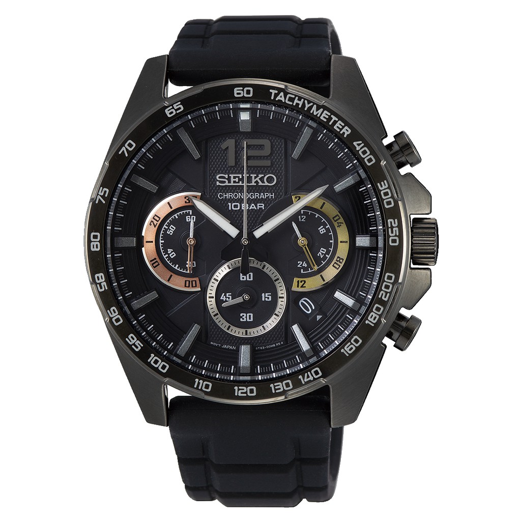 【金台鐘錶】SEIKO 精工 三眼計時錶 防水100M 44mm (消光黑) (膠帶) SSB349P1