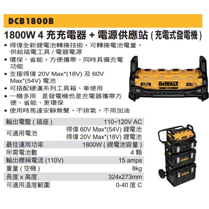 ∞沙莎五金∞ 美國 DEWALT 得偉 DCB1800 充電式發電機 20V~60V通用 靜音式發電機