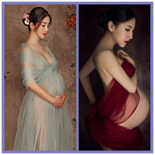 孕婦攝影服裝新款酒紅色網紗影樓孕婦裝唯美白色網紗孕婦拍照服裝