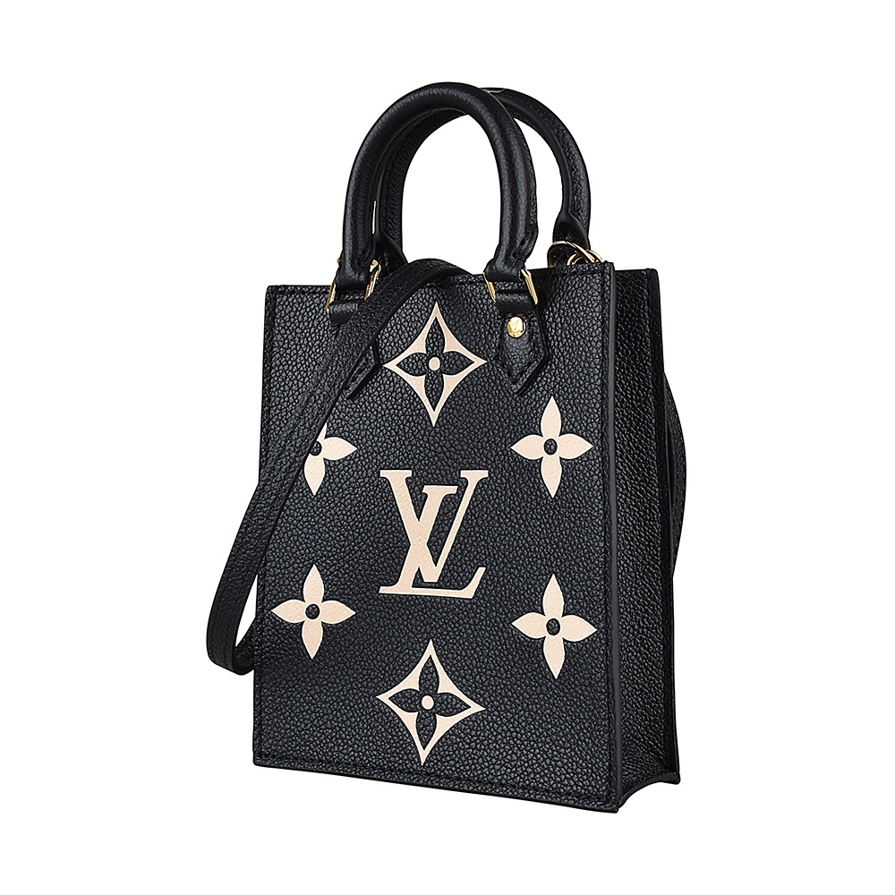 LV M57937 PETIT SAC PLAT壓花LOGO Monogram Empreinte牛皮手提斜背包(黑x米