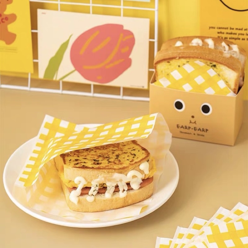 『Mi烘培』格紋三明治防油包裝紙袋 50入 外賣袋 點心包裝袋 防油紙袋 三明治 麵包 甜甜圈包裝袋 打包袋