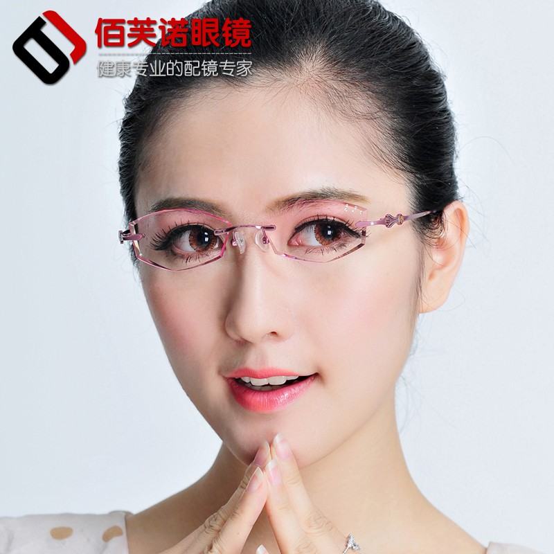 成品近視眼鏡框 女 眼鏡架 配眼鏡 無框眼鏡 純鈦鑲鉆石 切邊眼鏡