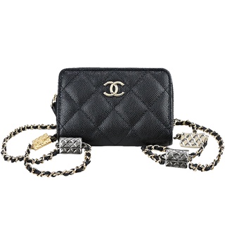 CHANEL經典雙C LOGO菱格粒紋小牛皮造型鏈袋零錢包(黑色)｜100%原廠真品｜JS Maxx官方旗艦館