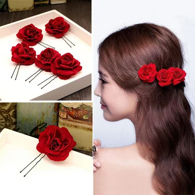 紅玫瑰髮夾、盤子、髮夾、新娘婚禮配飾頭飾、發叉晚會髮飾