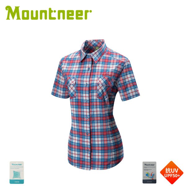 【Mountneer 山林 女 彈性抗UV格子襯衫《紅》】31B02/短袖襯衫/防曬短袖/抗UV/戶外/悠遊山水