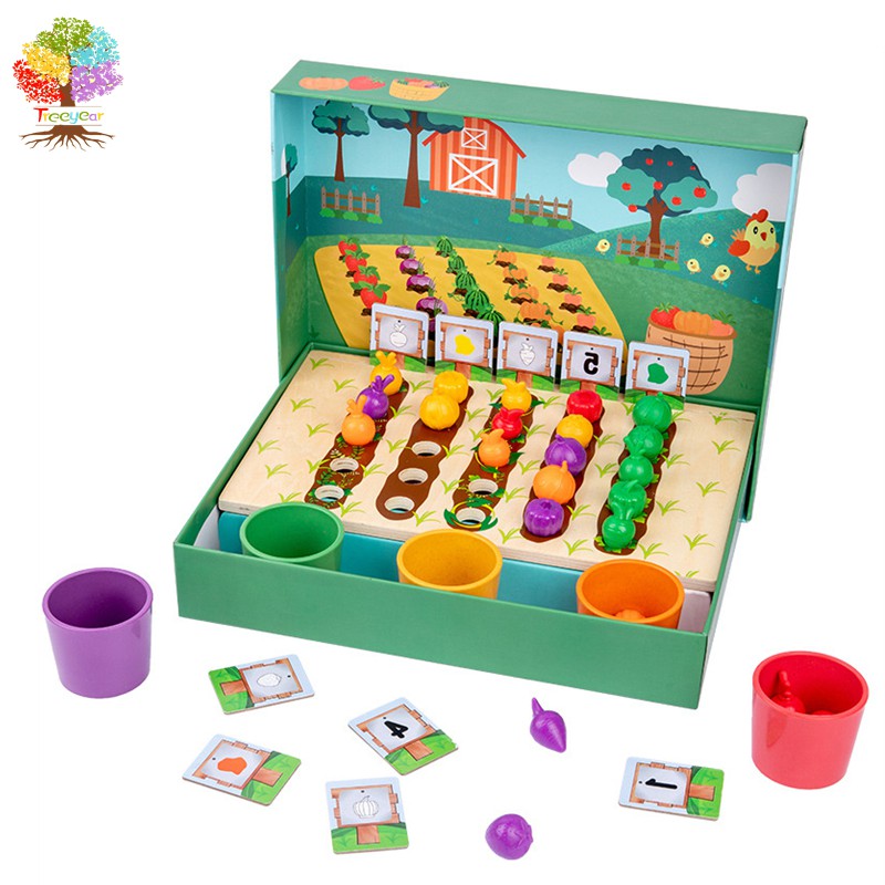 【樹年】蒙氏木製蔬菜農場水果顏色認知分類杯幼兒園親子互動數字遊戲玩具