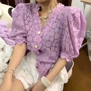 扉娜VINASHOP 宮廷蕾絲v領鏤空甜美上衣