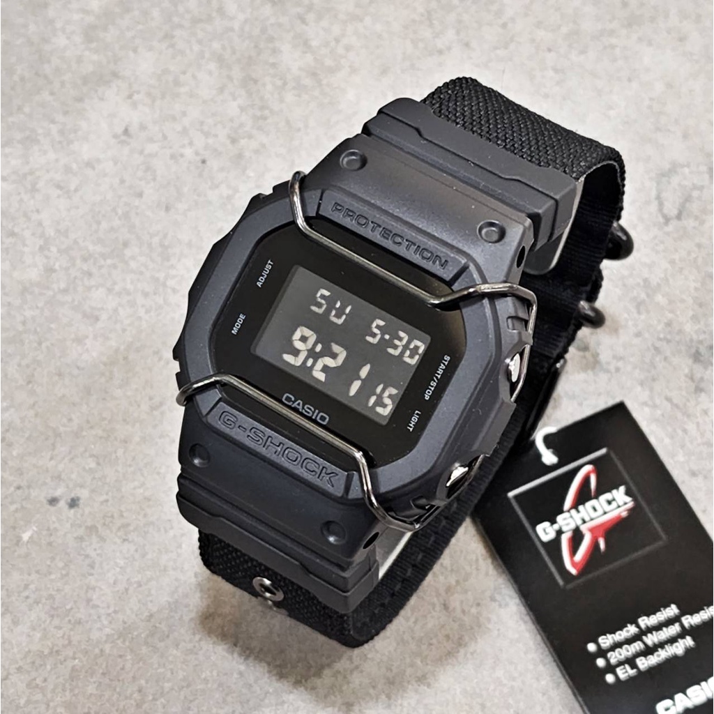 CASIO DW-5600BB-1/ G-SHOCK系列 /改裝保護桿+尼龍帆布錶帶/黑 全新公司貨