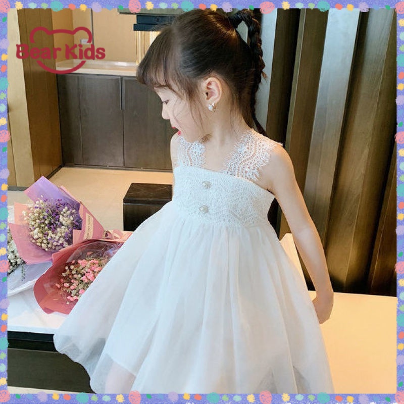 【Bear Kids】現貨 免運 兒童白色洋裝 女童蕾絲公主洋裝 花童禮服 女童洋裝 無袖洋裝 兒童禮服 小洋裝